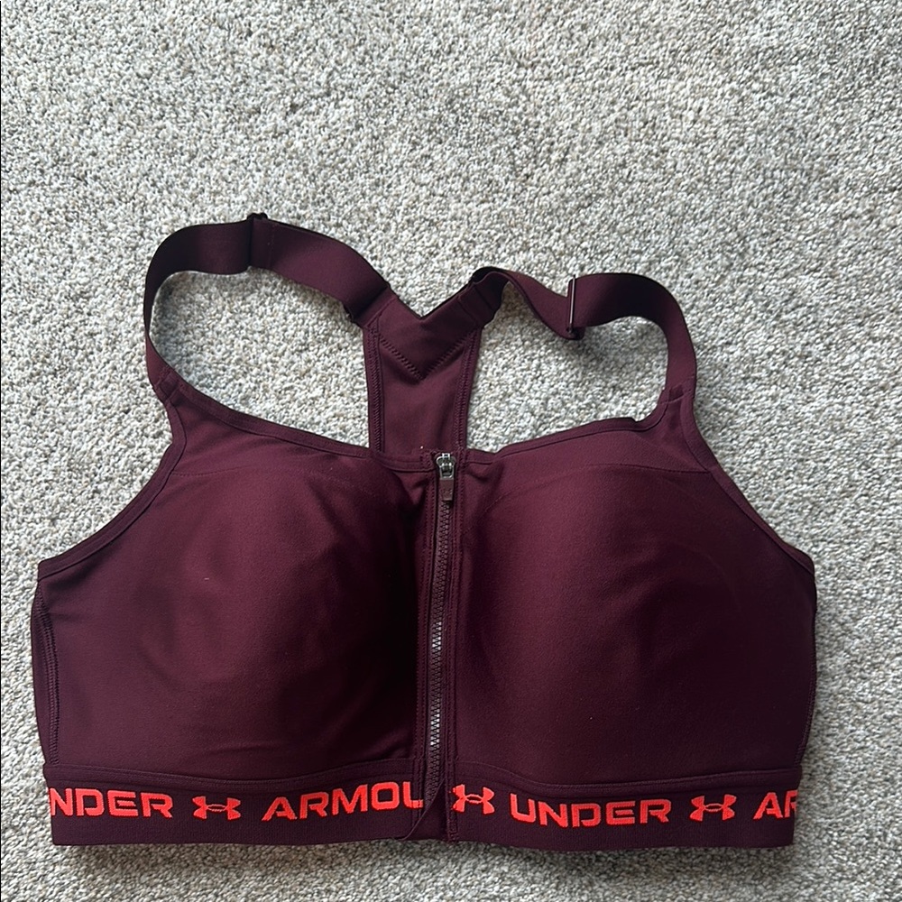 Under Armour Burgundy Sports Bra with Orange Trim Size 38D Like New Condition